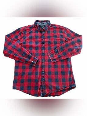 Tommy Hilfiger XL Red Navy Buffalo Plaid Button Down Shirt Custom Fit